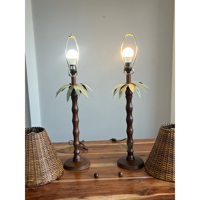 Chestnut Vintage Hollywood Regency Faux Bamboo English Mahogany Palm Lamps For Sale - Image 8 of 12