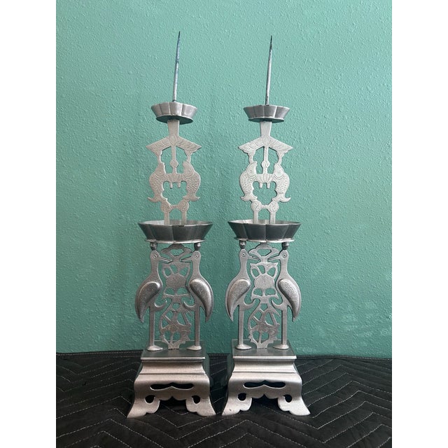Pair of Early-Mid 20th Century Chinese Silver-Finished Brass Altar Candlesticks – Cranes & Fish For Sale - Image 4 of 9