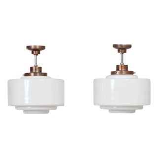 Art Deco White Opal Glass Pendant Lights, 1930s, Set of 2 For Sale