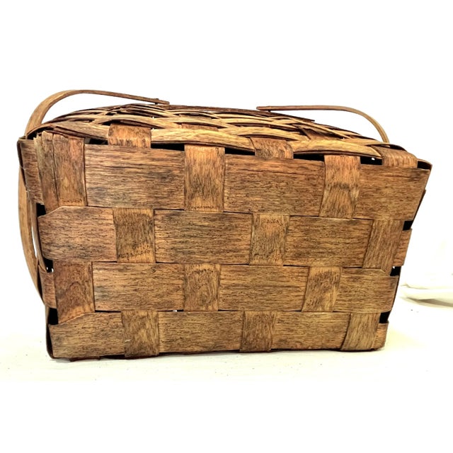 Primitive Woven Wood Lidded Picnic Basket With Handles For Sale - Image 11 of 12