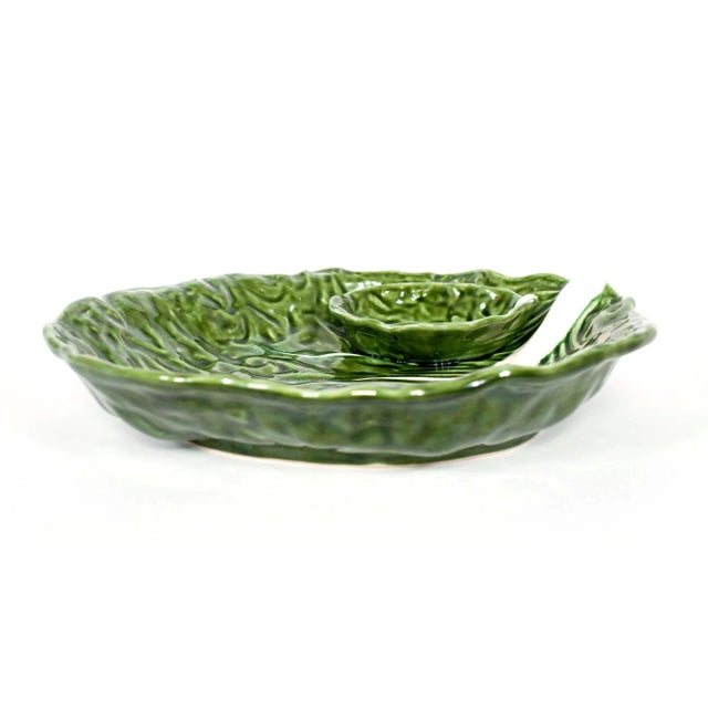 Green Majolica Cabbage Leaf Chip & Dip or Crudité Platter Chairish