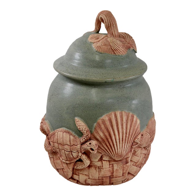 Large 11.5” Vintage Leo & Karin Villaroman Coastal Marine Sculptural Lidded Stoneware Vessel For Sale