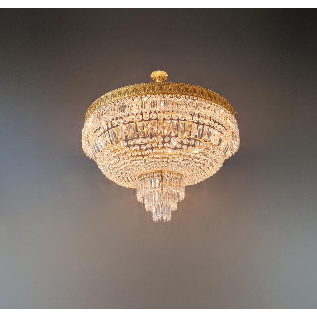 1930s Low Plafonnier Crystal Chandelier Brass Lustre Ceiling Art Deco Gold For Sale - Image 4 of 12