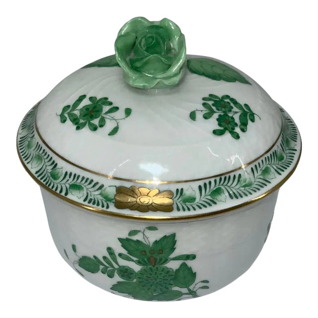 Herend Hungary Chinese Bouquet Green Vintage Porcelain Lidded Box For Sale