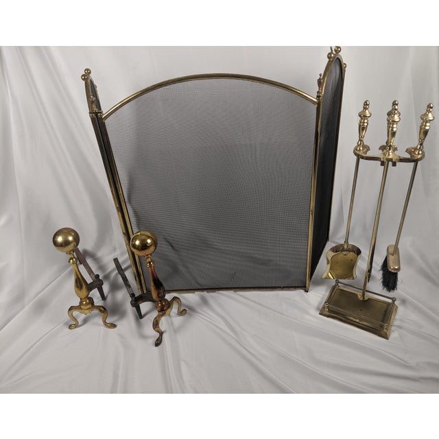Vintage Brass Fireplace Ensemble With Folding Screen, Andirons & Fire Tools For Sale - Image 9 of 18
