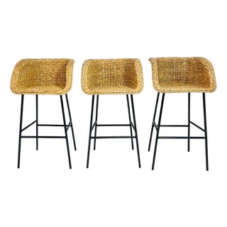 Set of Three Woven Water Hyacinth and Black Metal Frame Barstools For Sale