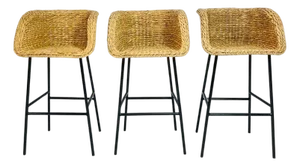 Set of Three Woven Water Hyacinth and Black Metal Frame Barstools