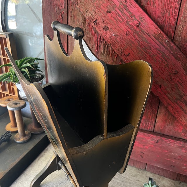 Folk Art Antique Wooden Magazine Rack With Hand-Painted Dutch Scenes & Dual Compartments For Sale - Image 3 of 11