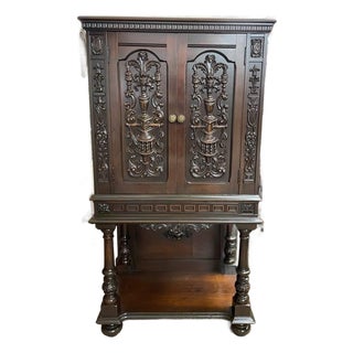 Antique 1920's Hand Carved Walnut Bar Cabinet, Jacobean Revival, Refinished For Sale