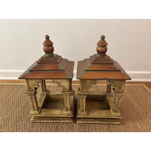 Copper Vintage Asian-Inspired Pagoda Lantern Stands With Distressed Finish and Faux Verdi Gris Copper Roofs, a Pair For Sale - Image 8 of 11