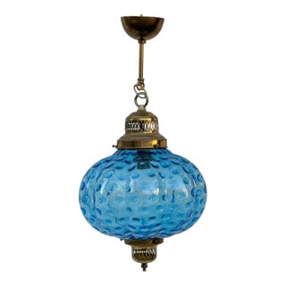 1960s Vintage Optic Coin Dot Blue Glass Lantern With Brass Canopy For Sale