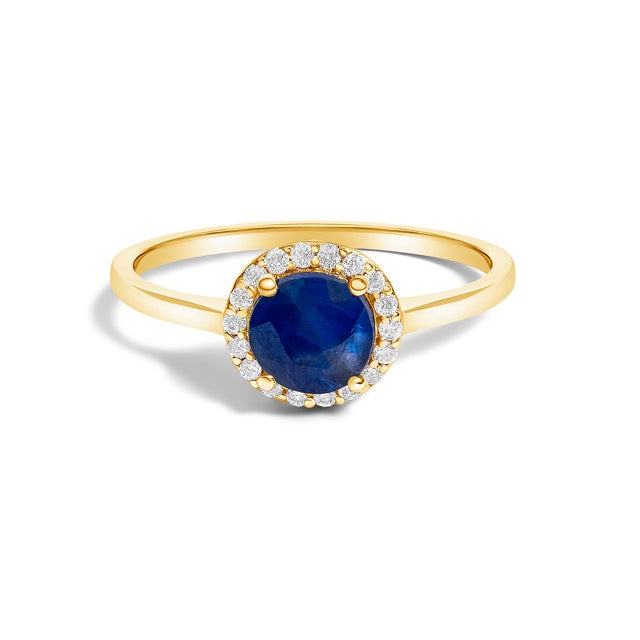 Contemporary 10K Yellow Gold Blue Sapphire and 3/8 Cttw Diamond Halo Jewelry Set (Earrings, Pendant & Ring) For Sale - Image 3 of 6