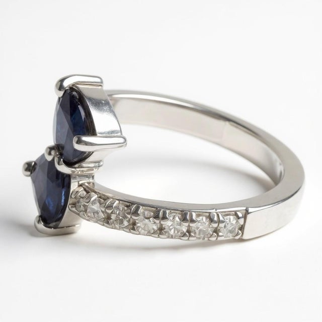 Modern 14k White Gold Matched 2 Pear-Shaped Sapphire and Diamond Cross Ring, Size 6.25 For Sale - Image 3 of 9