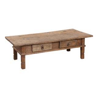 Late 19th Century Rustic French Oak Coffee Table With Two Drawers For Sale