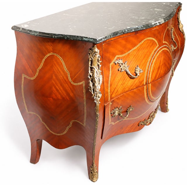 Mid-Century Modern 1970s Louis XV–Style Mahogany Bombé Commode With Marble Top and Gilt Mounts For Sale - Image 3 of 11