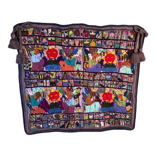 1960s Peruvian Tribal Hand Embroidered Peru Native Folk Art Wall Hanging Suzani Textile For Sale