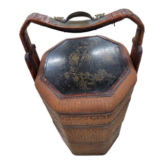 Antique 19th Century Chinese Octagonal 3-Tier Wicker & Lacquer Wedding Basket For Sale