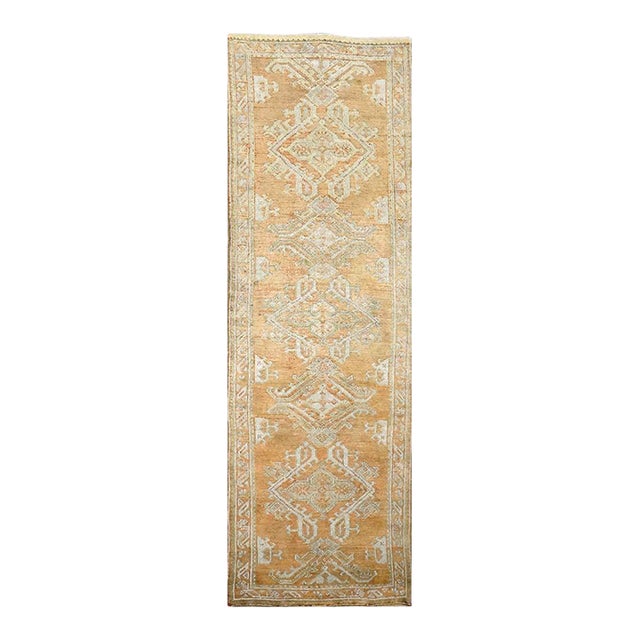 Antique Turkish Oushak 3x11 Golden Beige & Khaki Handmade Runner Rug #1140253 For Sale