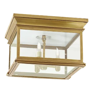 Chapman & Myers for Visual Comfort Signature Club Large Square Flush Mount in Antique-Burnished Brass with Clear Glass
