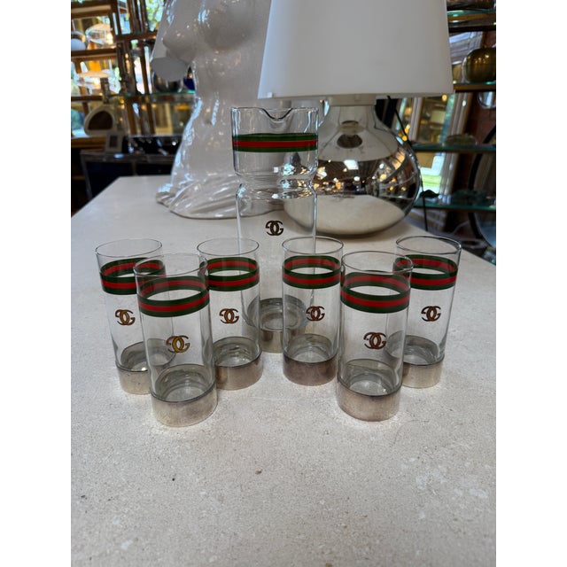 Metal Vintage Gucci Barware Set Pitcher Carafe & High Ball Glasses For Sale - Image 7 of 11