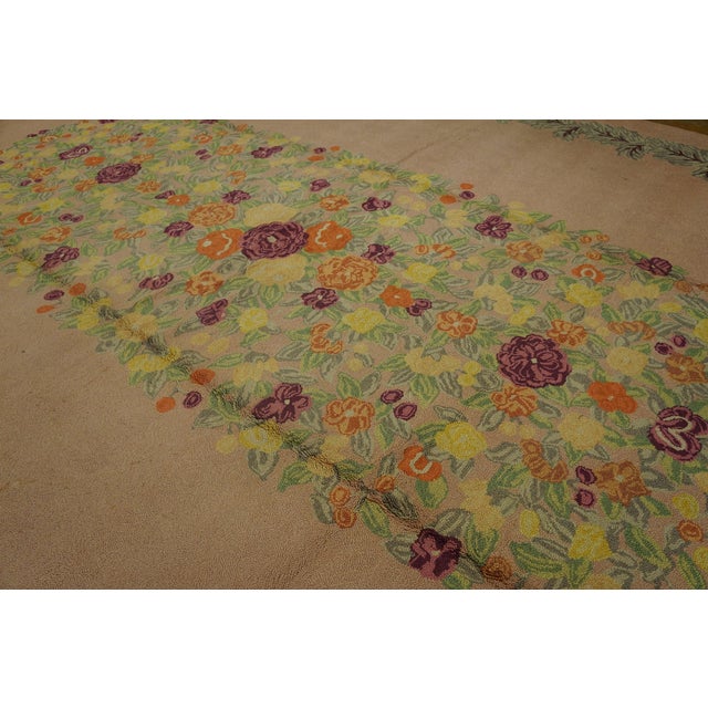 American Refined Pink-Blush Open Field With Decorous Center Floral Pattern Vintage American Hooked Rug For Sale - Image 3 of 5