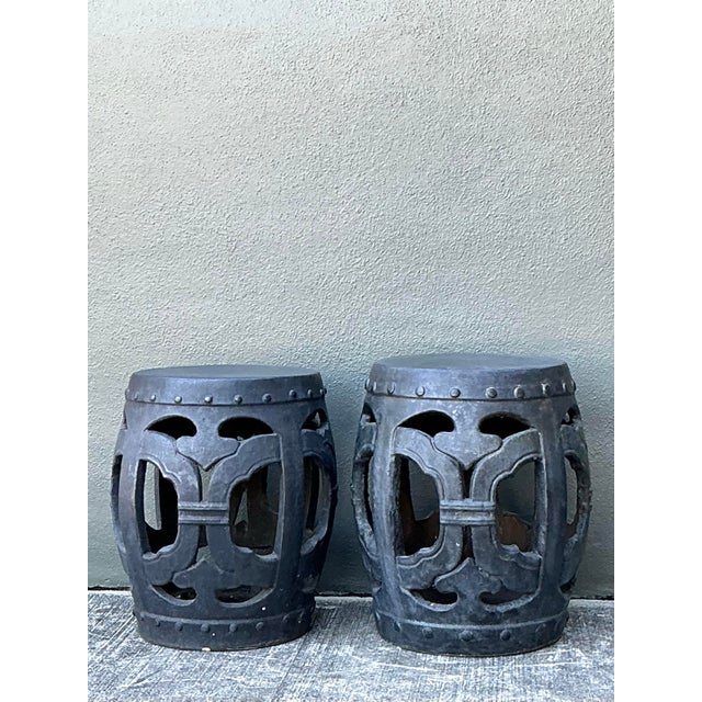 Ceramic Vintage Linked Rings Matte Glazed Ceramic Garden Stools - A Pair For Sale - Image 7 of 12