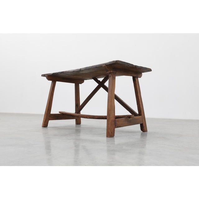 Spanish Rustic Trestle Table with Drawer and X-Stretchers, 1800s For Sale - Image 4 of 13