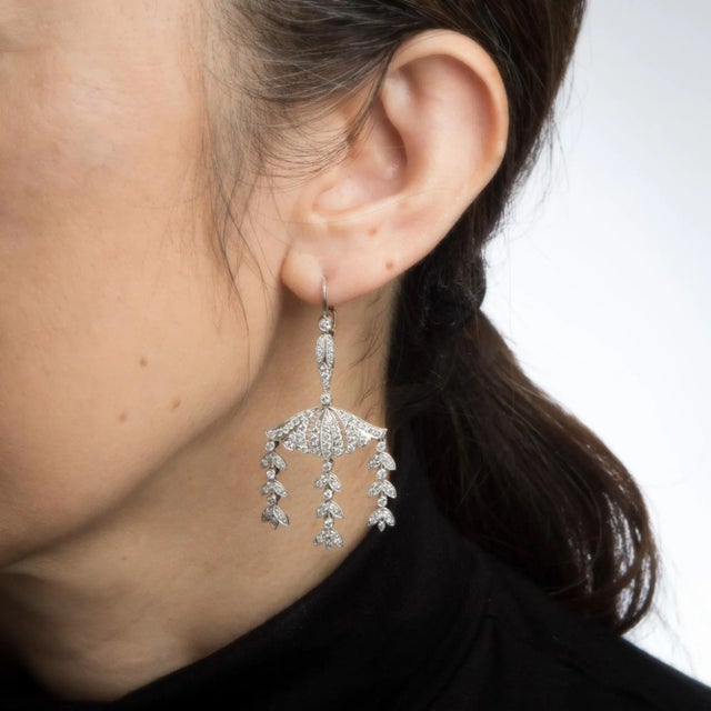 Modern Mid 20th Century 2.25ct Diamond Dangle Earrings Vintage Platinum 14k Gold Foliate Drops - 2 Pieces For Sale - Image 3 of 4