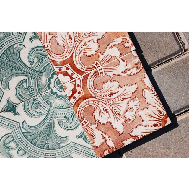 Art Deco Tiles Set of Eight Large Portuguese Green & Terracotta Ornamental Design c.1920s For Sale - Image 10 of 12