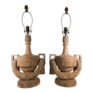 Late 20th Century Italian Style Carved Wood Lamps With Swag Decoration in Distressed Finish - A Pair For Sale