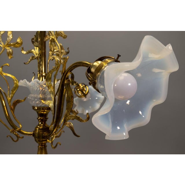 French Art Nouveau Opalescent Glass & Bronze Floral Chandelier, 1920 For Sale - Image 17 of 18
