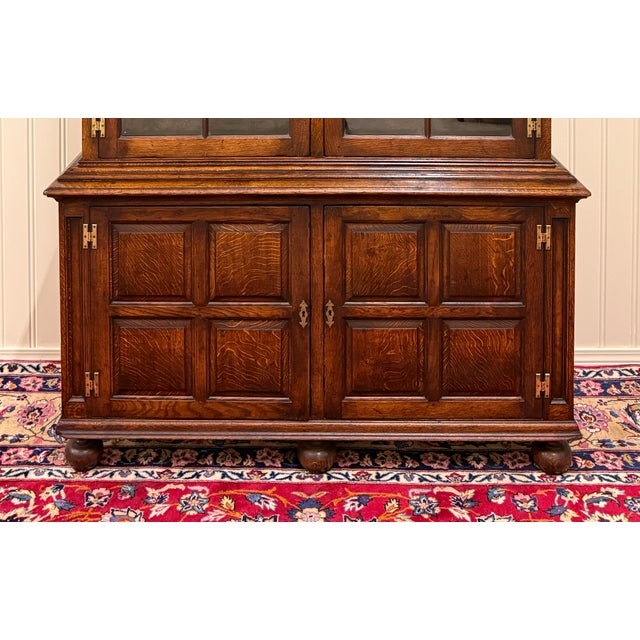 1910s Antique English Large Bookcase Bookshelf Cabinet Double Door Glass Oak C. 1910s For Sale - Image 5 of 18