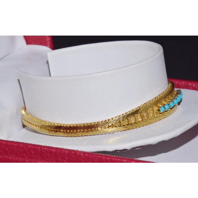Estate Natural Turquoise Solid 18K Gold Snake Chain Bangle Bracelet For Sale In Dallas - Image 6 of 12