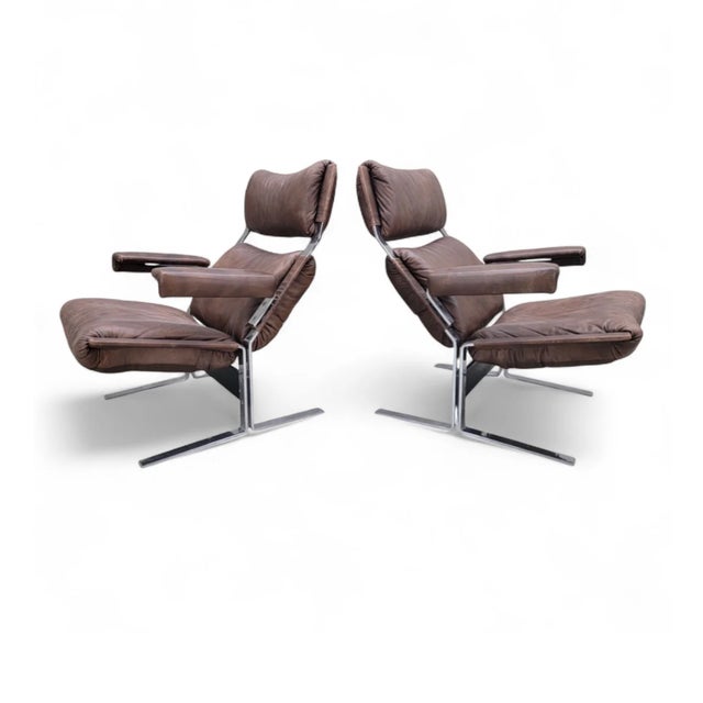 Brown Mid Century Modern Brown Leather and Chromium Lounge Chairs and Ottoman Attributed to Richard Hersberger For Sale - Image 8 of 11