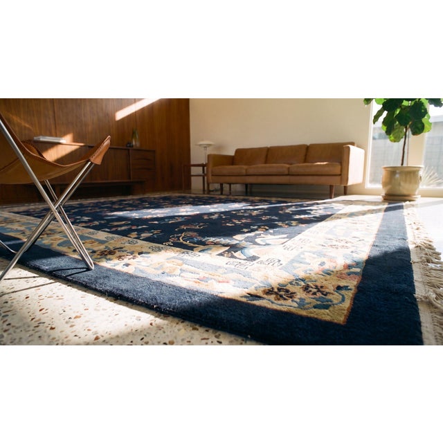 1920s Blue Navy Floral Classic Antique Chinese Peking Carpet 9'2'' X 11'8'' Knotted Wool Rug For Sale - Image 11 of 12