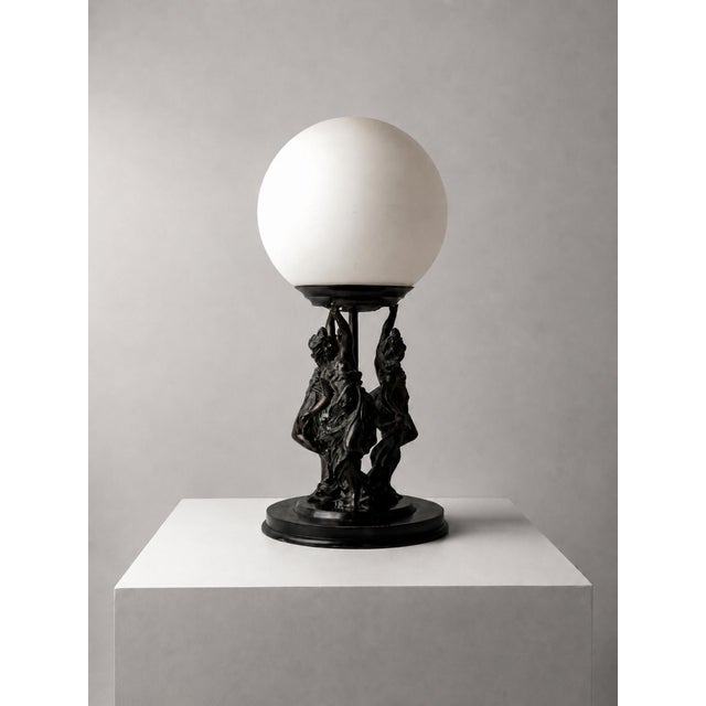 Black Art Nouveau Figurative Table Lamp with Etched Glass Globe, 1910 For Sale - Image 8 of 8