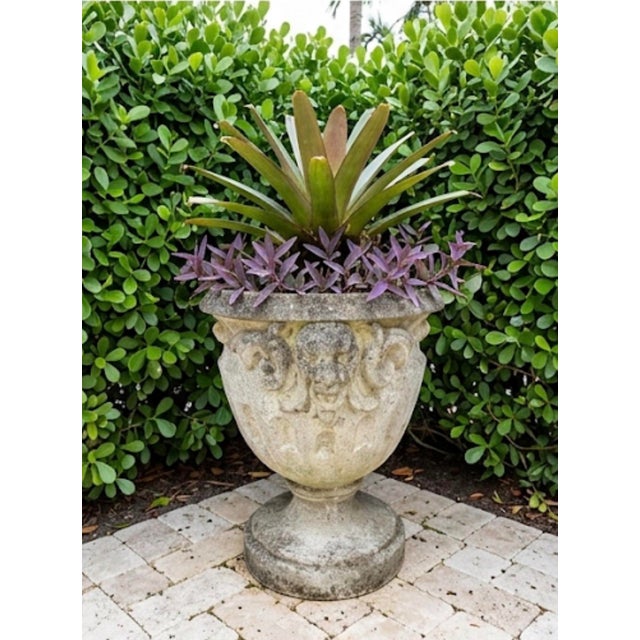 Stone Vintage Neoclassical Cast Stone Garden Urn Planter With Lion Mascarons For Sale - Image 7 of 12