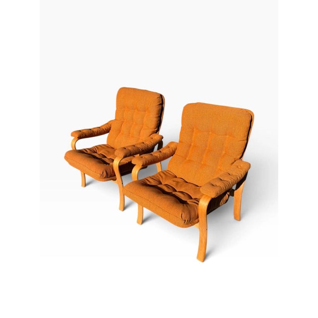 Pair of Mid-Century Modern Bentwood Lounge Chairs | Scandinavian Style | New Burnt Orange Tufted Upholstery | C. 1970s For Sale - Image 4 of 10