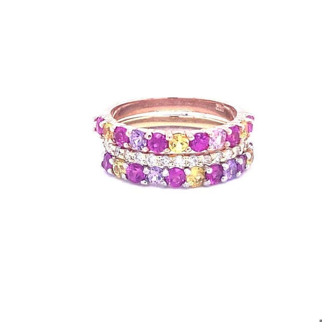 Early 21st Century Multi Color Sapphire Diamond Gold Stackable Bands, Size 7 For Sale - Image 5 of 10