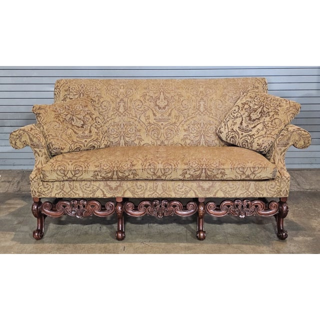Store Item: Southwood Mahogany Rococo Sofa Damask Fabric Carved Frame made North Carolina Description: Beautifully carved...