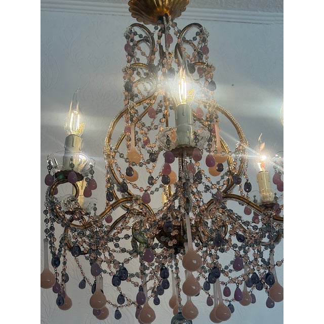 Vintage Gilded Metal Murano Glass Drop Chandelier, 1940s For Sale - Image 16 of 18