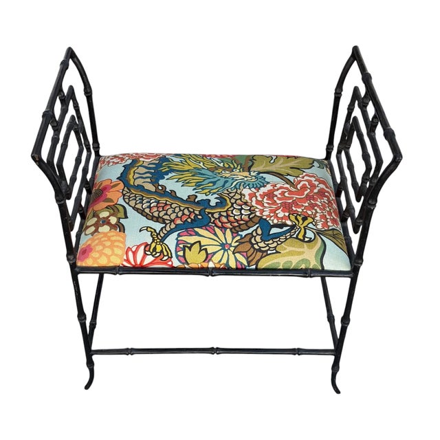 Hollywood Regency Hollywood Regency Faux Bamboo Metal Bench W Schumacher Chiang Mai Dragon For Sale - Image 3 of 5