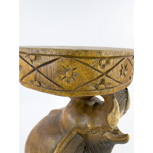 Mid 20th Century Vintage Thai Hand-Carved Hardwood Elephant Side Table / Sculptural Stool For Sale - Image 5 of 18