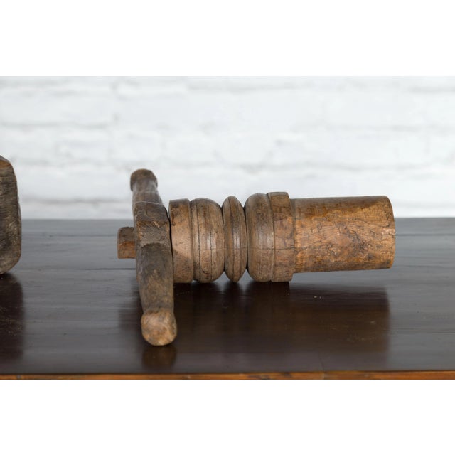 Brown Antique Indian Wooden Hand Noodle Grinder with Carved Ram and Vice Press For Sale - Image 8 of 10