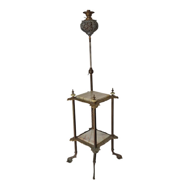 Late 19th Century Renaissance Revival Style Cast Brass and Onyx Top Table With Adjustable Oil Lamp For Sale