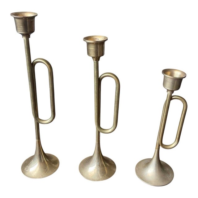 MCM 1970s stacked brass trumpet candle holders. Perfect addition for your collection. 9.25” h 2.25” w 8.25” h 2.25” w...