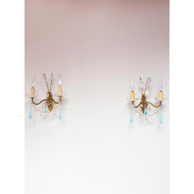 French Brass Wall Sconces with Blue Glass Drops, 1950s, Set of 2 For Sale - Image 3 of 7
