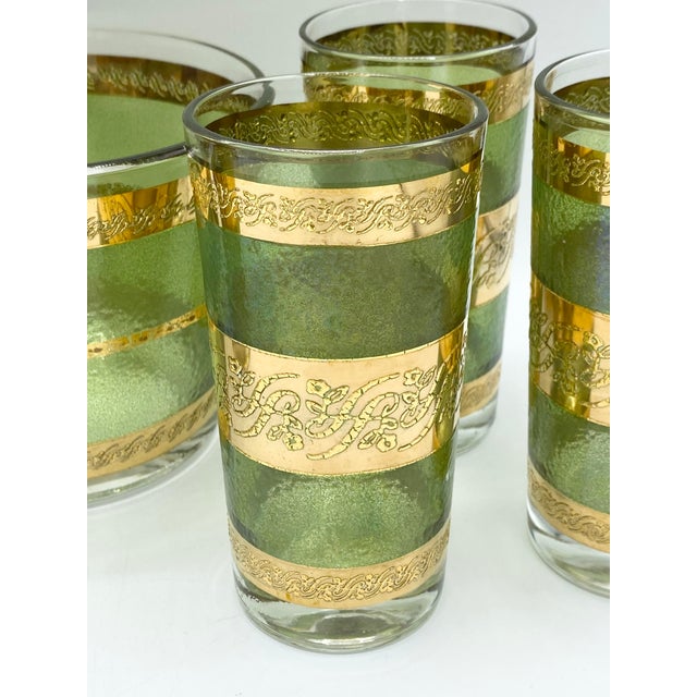 Mid Century Green and 22k Gold Highball With Glass Ice Bucket Cocktail