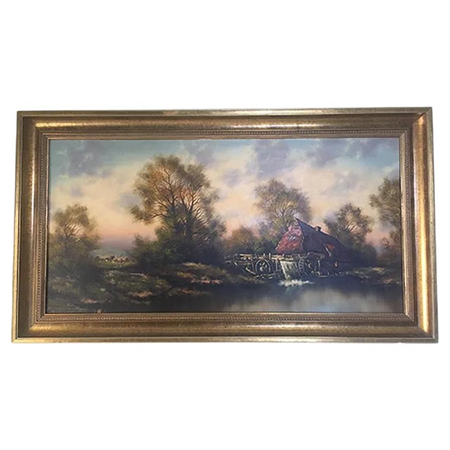 Oil Painting on Canvas- Landscape With a Water Mill Signed 1950s For Sale