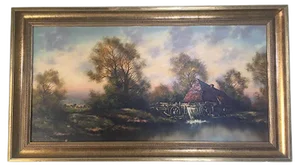 Oil Painting on Canvas- Landscape With a Water Mill Signed 1950s